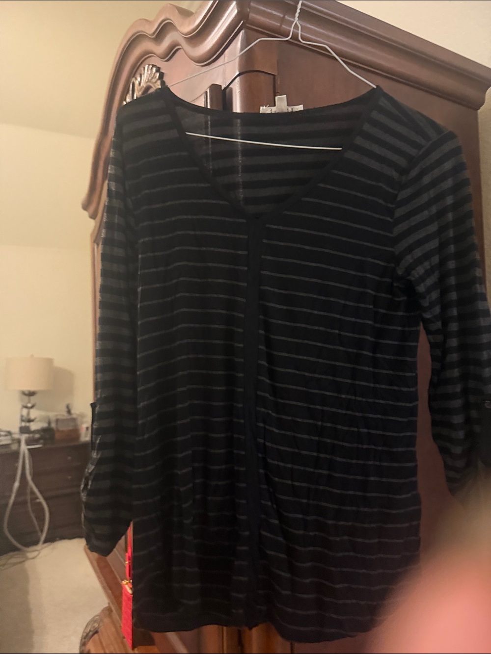 Spense Black & Charcoal Striped V-Neck Long Sleeve Top
